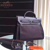 HERMES-0007-14 時尚新款herbag系列原單黑色帆布配黑色牛皮大號手提單肩包