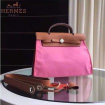 HERMES-0007-8 時尚新款herbag系列原單櫻花粉帆布配土黃色牛皮大號手提單肩包