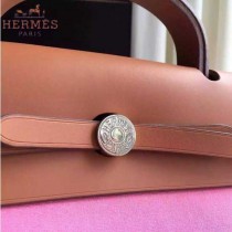 HERMES-0007-8 時尚新款herbag系列原單櫻花粉帆布配土黃色牛皮大號手提單肩包