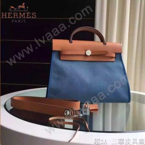 HERMES-0007 時尚新款herbag系列原單藍色帆布配土黃色牛皮大號手提單肩包