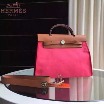 HERMES-0007-7 時尚新款herbag系列原單桃紅色帆布配土黃色牛皮大號手提單肩包