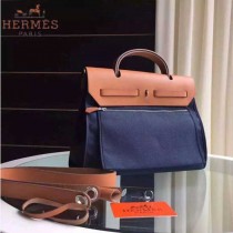 HERMES-0007-3 時尚新款herbag系列原單寶藍色帆布配土黃色牛皮大號手提單肩包