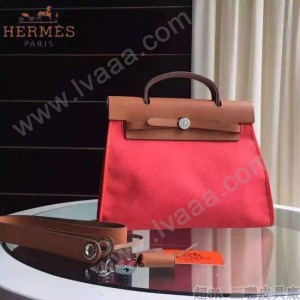 HERMES-0007-11 時尚新款herbag系列原單唇膏粉帆布配土黃色牛皮大號手提單肩包