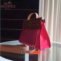HERMES-0007-7 時尚新款herbag系列原單桃紅色帆布配土黃色牛皮大號手提單肩包