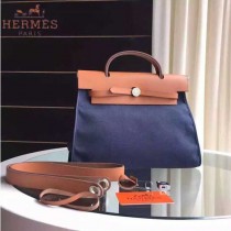 HERMES-0007-3 時尚新款herbag系列原單寶藍色帆布配土黃色牛皮大號手提單肩包