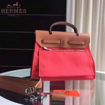 HERMES-0007-11 時尚新款herbag系列原單唇膏粉帆布配土黃色牛皮大號手提單肩包
