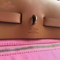 HERMES-0007-8 時尚新款herbag系列原單櫻花粉帆布配土黃色牛皮大號手提單肩包