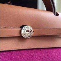 HERMES-0007-5 時尚新款herbag系列原單玫紅色帆布配土黃色牛皮大號手提單肩包