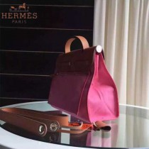HERMES-0007-8 時尚新款herbag系列原單櫻花粉帆布配土黃色牛皮大號手提單肩包
