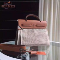 HERMES-0007-12 時尚新款herbag系列原單編織帆布配土黃色牛皮大號手提單肩包