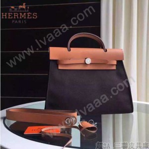 HERMES-0007-4 時尚新款herbag系列原單黑色帆布配土黃色牛皮大號手提單肩包