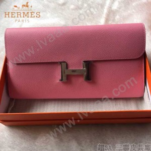 HERMES-0001-9 潮流新款Constance系列EPSOM粉色原版皮手拿包長款錢包