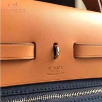 HERMES-0007-3 時尚新款herbag系列原單寶藍色帆布配土黃色牛皮大號手提單肩包