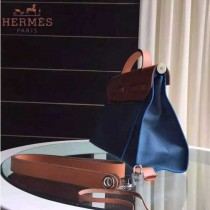 HERMES-0007 時尚新款herbag系列原單藍色帆布配土黃色牛皮大號手提單肩包