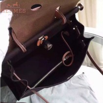 HERMES-0007-4 時尚新款herbag系列原單黑色帆布配土黃色牛皮大號手提單肩包