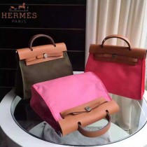 HERMES-0007-9 時尚新款herbag系列原單淺咖色帆布配土黃色牛皮大號手提單肩包
