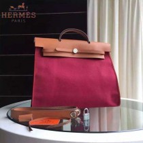 HERMES-0007-15 時尚新款herbag系列原單紅色帆布配土黃色牛皮大號手提單肩包