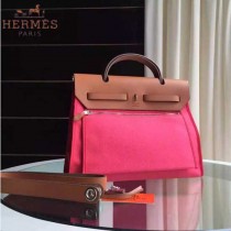HERMES-0007-7 時尚新款herbag系列原單桃紅色帆布配土黃色牛皮大號手提單肩包