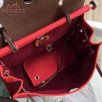 HERMES-0007-11 時尚新款herbag系列原單唇膏粉帆布配土黃色牛皮大號手提單肩包