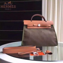 HERMES-0007-9 時尚新款herbag系列原單淺咖色帆布配土黃色牛皮大號手提單肩包