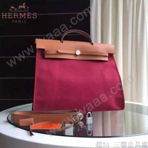 HERMES-0007-15 時尚新款herbag系列原單紅色帆布配土黃色牛皮大號手提單肩包