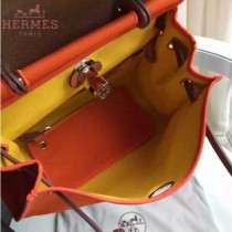 HERMES-0007-6 時尚新款herbag系列原單橙色帆布配土黃色牛皮大號手提單肩包