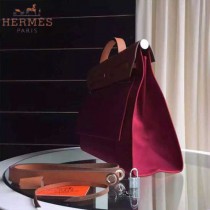 HERMES-0007-15 時尚新款herbag系列原單紅色帆布配土黃色牛皮大號手提單肩包