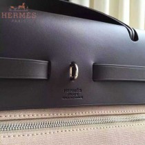 HERMES-0007-13 時尚新款herbag系列原單卡其色帆布配黑色牛皮大號手提單肩包