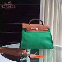 HERMES-0007-10 時尚新款herbag系列原單綠色帆布配土黃色牛皮大號手提單肩包