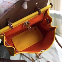 HERMES-0007-2 時尚新款herbag系列原單黃色帆布配土黃色牛皮大號手提單肩包