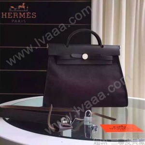 HERMES-0007-14 時尚新款herbag系列原單黑色帆布配黑色牛皮大號手提單肩包
