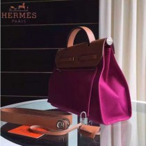 HERMES-0007-5 時尚新款herbag系列原單玫紅色帆布配土黃色牛皮大號手提單肩包