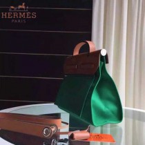 HERMES-0007-10 時尚新款herbag系列原單綠色帆布配土黃色牛皮大號手提單肩包