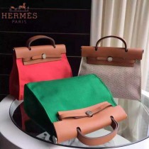 HERMES-0007-12 時尚新款herbag系列原單編織帆布配土黃色牛皮大號手提單肩包