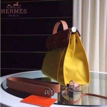 HERMES-0007-2 時尚新款herbag系列原單黃色帆布配土黃色牛皮大號手提單肩包