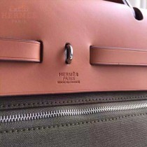 HERMES-0007-9 時尚新款herbag系列原單淺咖色帆布配土黃色牛皮大號手提單肩包
