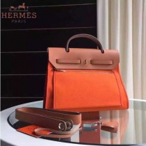HERMES-0007-6 時尚新款herbag系列原單橙色帆布配土黃色牛皮大號手提單肩包