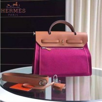 HERMES-0007-5 時尚新款herbag系列原單玫紅色帆布配土黃色牛皮大號手提單肩包