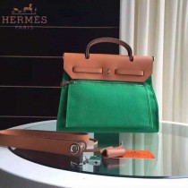 HERMES-0007-10 時尚新款herbag系列原單綠色帆布配土黃色牛皮大號手提單肩包