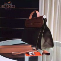 HERMES-0007-9 時尚新款herbag系列原單淺咖色帆布配土黃色牛皮大號手提單肩包