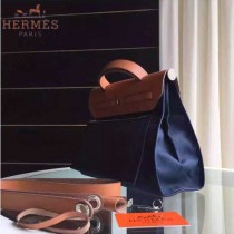 HERMES-0007-3 時尚新款herbag系列原單寶藍色帆布配土黃色牛皮大號手提單肩包