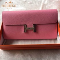 HERMES-0001-9 潮流新款Constance系列EPSOM粉色原版皮手拿包長款錢包