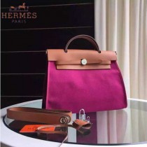 HERMES-0007-5 時尚新款herbag系列原單玫紅色帆布配土黃色牛皮大號手提單肩包
