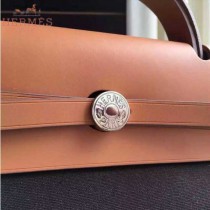 HERMES-0007-4 時尚新款herbag系列原單黑色帆布配土黃色牛皮大號手提單肩包