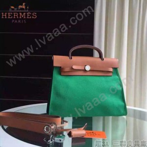 HERMES-0007-10 時尚新款herbag系列原單綠色帆布配土黃色牛皮大號手提單肩包