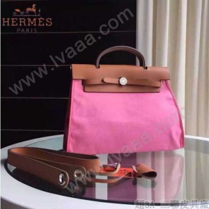 HERMES-0007-8 時尚新款herbag系列原單櫻花粉帆布配土黃色牛皮大號手提單肩包