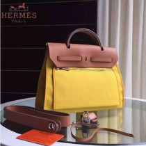 HERMES-0007-2 時尚新款herbag系列原單黃色帆布配土黃色牛皮大號手提單肩包