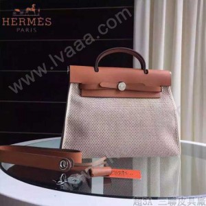 HERMES-0007-12 時尚新款herbag系列原單編織帆布配土黃色牛皮大號手提單肩包