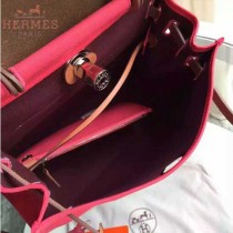 HERMES-0007-7 時尚新款herbag系列原單桃紅色帆布配土黃色牛皮大號手提單肩包
