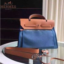 HERMES-0007 時尚新款herbag系列原單藍色帆布配土黃色牛皮大號手提單肩包